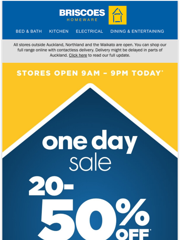 Briscoes ONE. DAY. SALE. Starts now! Milled