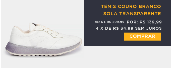 Tênis Couro Branco Sola Transparente