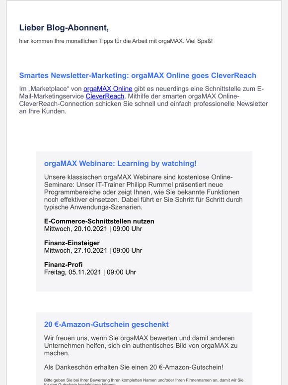 Smartes Newsletter-Marketing: orgaMAX Online goes CleverReach