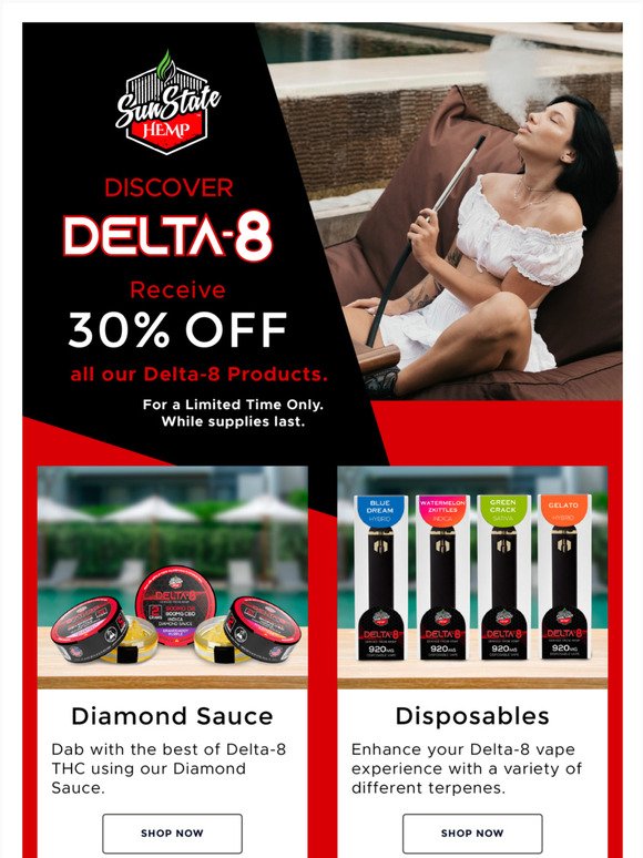 This weekend ONLY! Receive 30% off all Delta-8 Products
