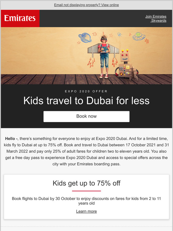 Kids fly at up to 75% off for Expo 2020 Dubai