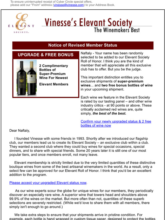 Select wine lovers receive 2 complimentary wines