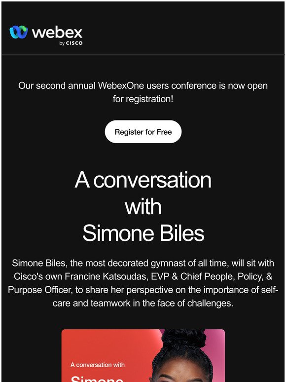 Join us next week for a conversation with Simone Biles at WebexOne