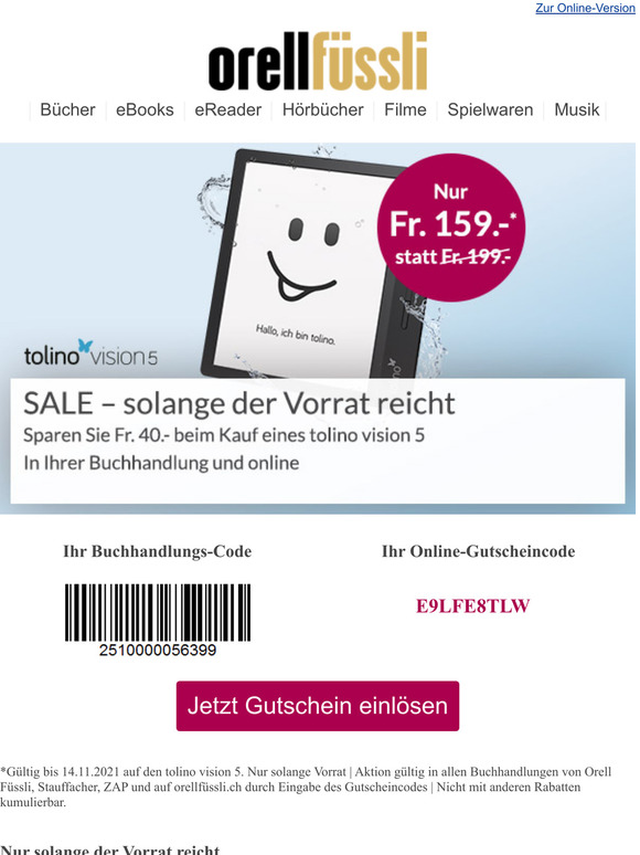 Nur solange der Vorrat reicht: tolino vision 5 fr Fr. 159.-