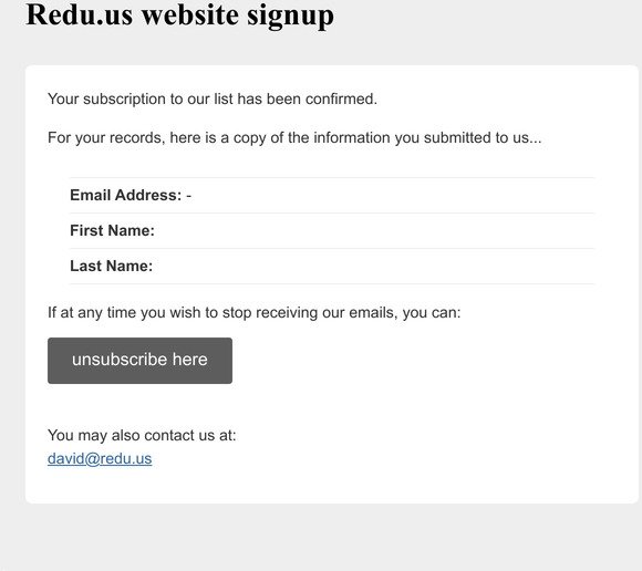Redu.us website signup: Subscription Confirmed