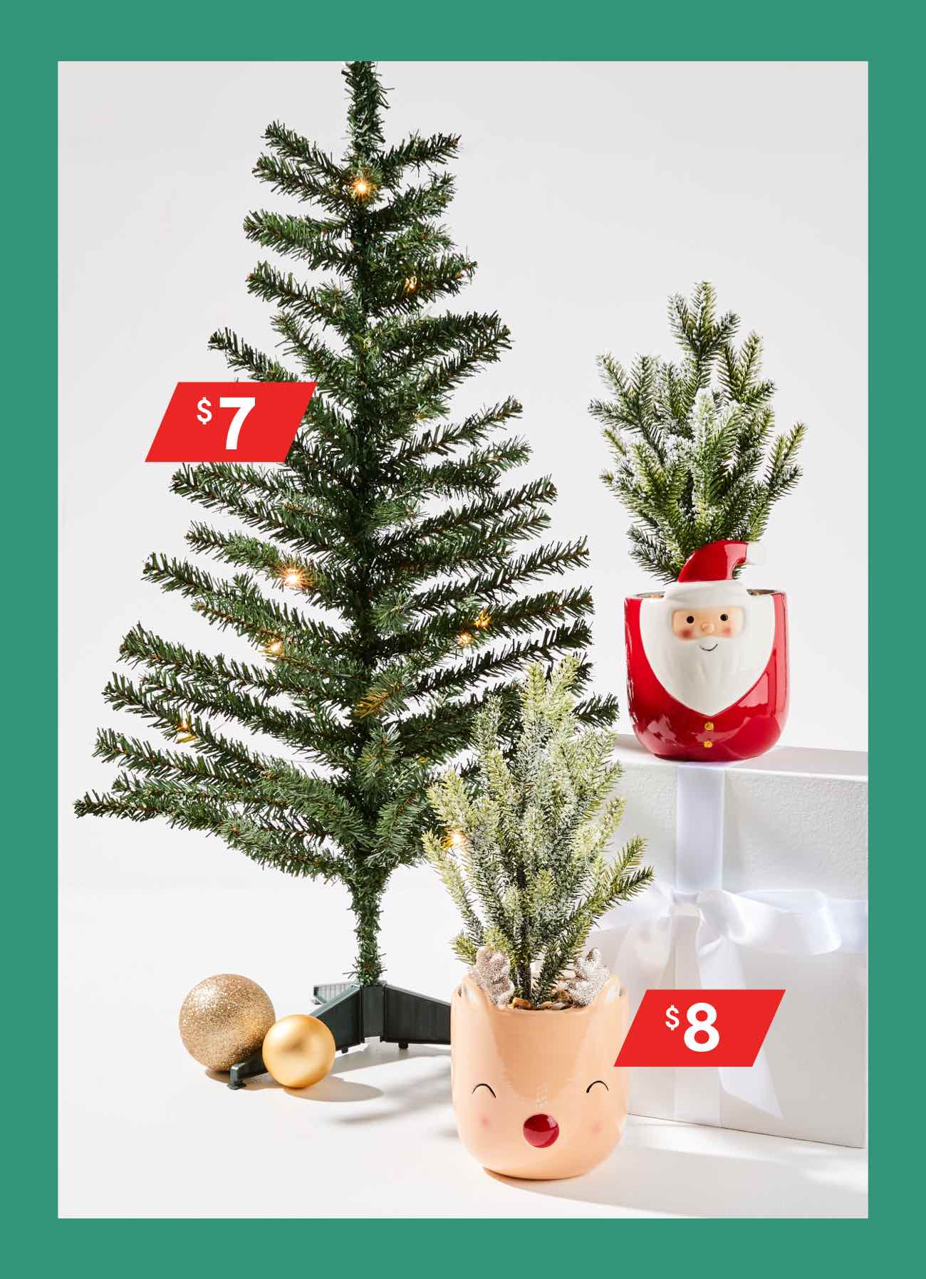 90cm (3ft) pre lit Christmas tree $7. Festive ceramic pot & mini Christmas tree $8