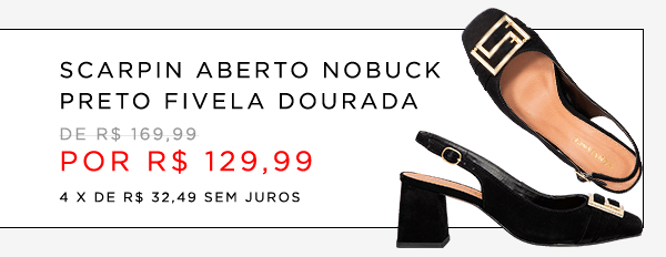 Scarpin Aberto Nobuck Preto Fivela Dourada