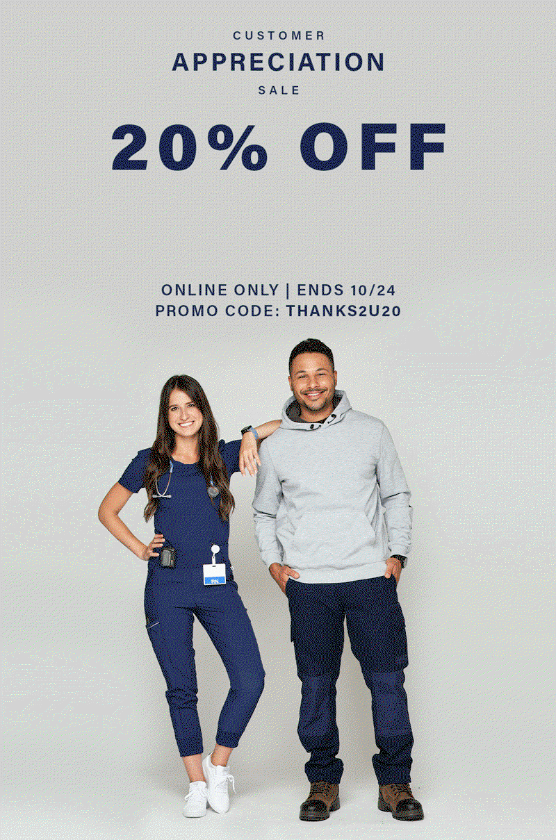 Customer Appreciation Sale. 20% off. Online only. Ends 10/24. Promo code: THANKS2U20.