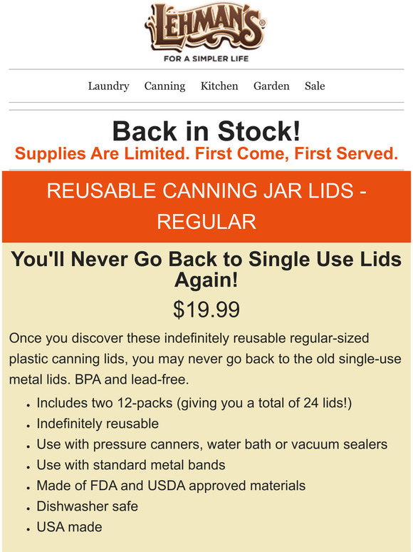 lehman's hardware & appliance BACK IN STOCK! REUSABLE CANNING JAR LIDS