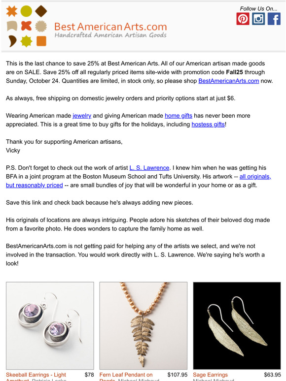 Less than 48 hours to save 25% on American Artisan Goods @ Best American Arts