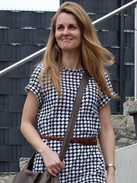 Katie in a houndstooth Robert Kaufman jersey knit dress