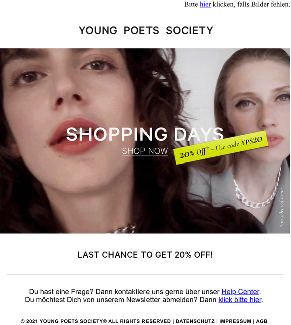 LAST CHANCE - 20% OFF | SHOPPING DAYS