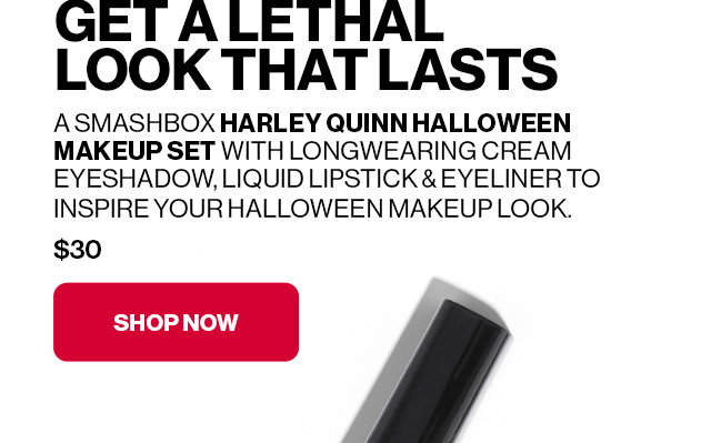 GET A LETHAL LOOK THAT LASTS: A Smashbox Harley Quinn Halloween Makeup Set with longwearing cream eyeshadow, liquid lipstick & eyeliner to inspire your Halloween makeup look. | $30 [SHOP NOW]