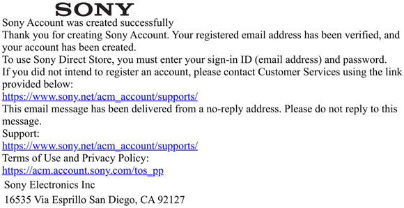 Sony Account was created successfully