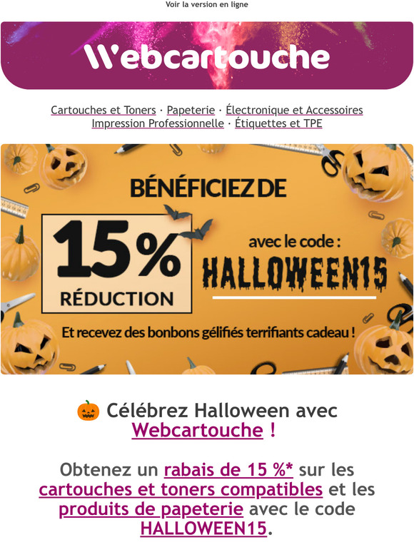  15 % de remise sur les compatibles et les produits de papeterie  Clbrez Halloween avec Webcartouche !