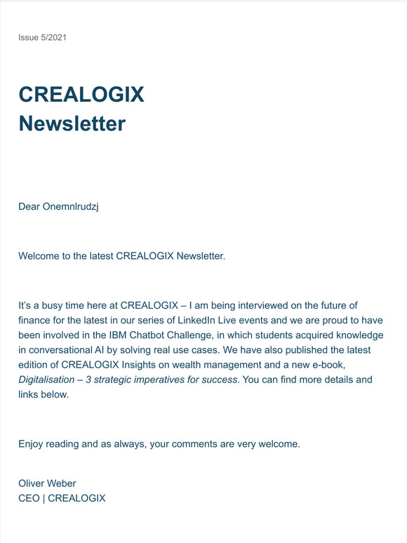  CREALOGIX Newsletter | 3 strategic imperatives for successful digitalisation, IBM Chatbot Challenge and more