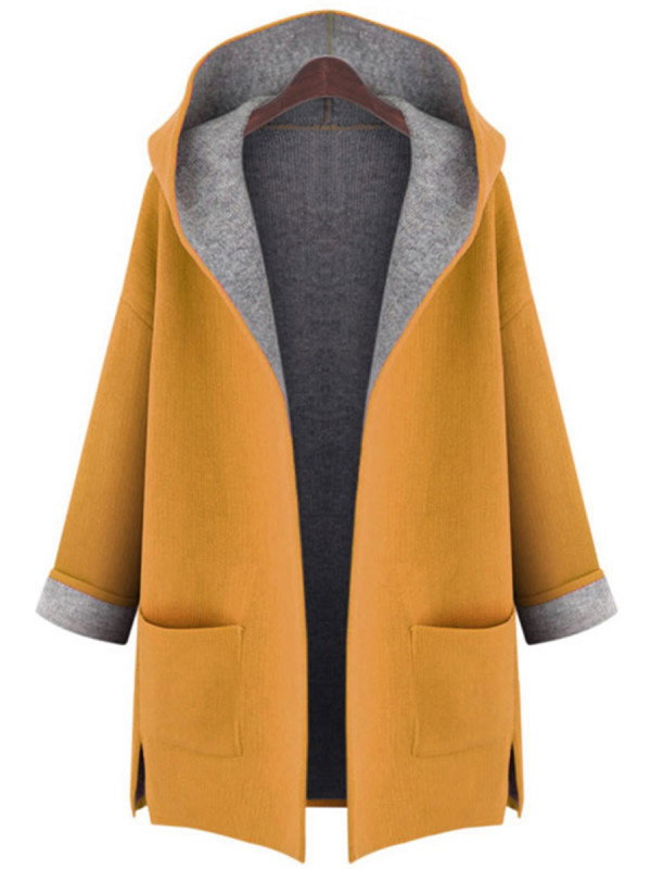 Hooded Patch Pocket Woolen Color Block Coat