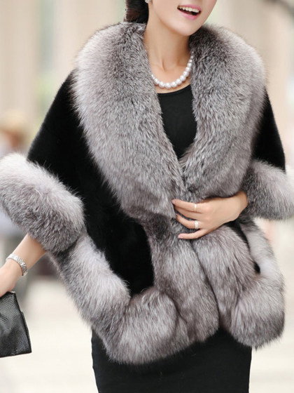 Trendy Faux Fur Collar Cape Sleeve Coat