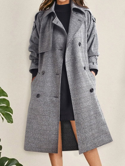Double-breasted Mid-length Plaid Woolen Coat