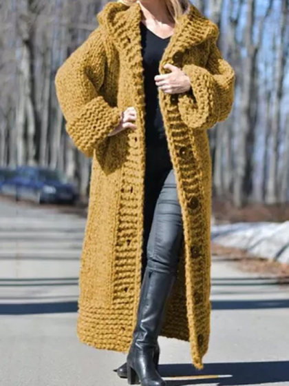 Hooded Solid Color Long Cardigan