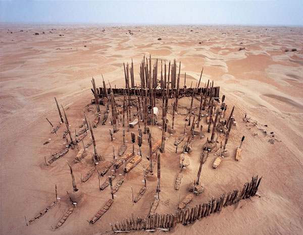 Aerial view of the Xiaohe cemetery surrounded by desert.
