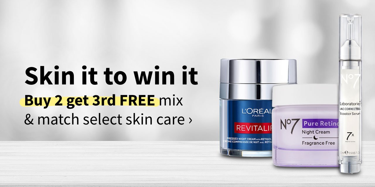 Skin it to win it. Buy 2 get 3rd FREE mix & match select skin care