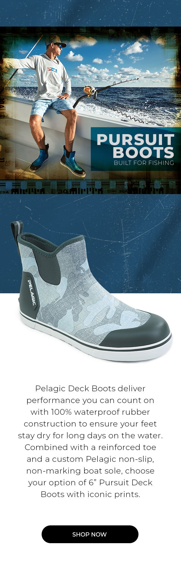 Pelagic: Deck Boots ALL SIZES Available in Fish Camo Green and Light Grey!