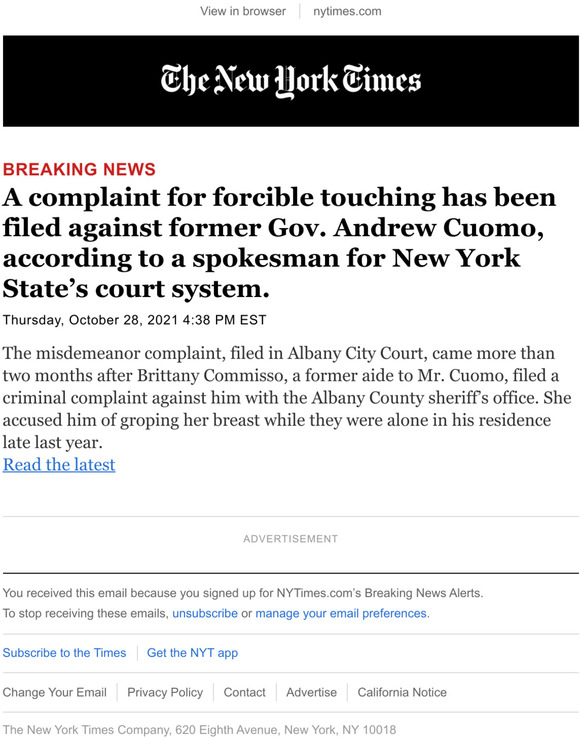 The New York Times Breaking News A complaint for forcible touching
