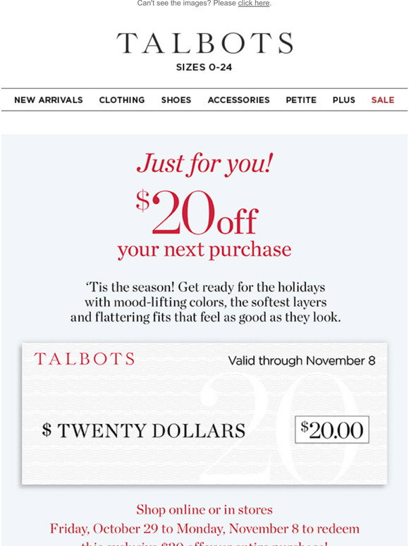 Talbots: Your NEW $20 OFF CODE is inside! | Milled