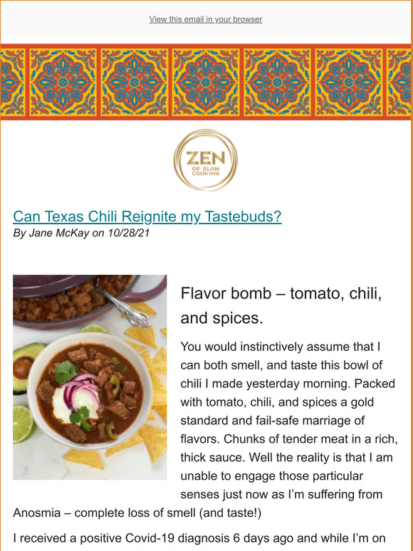 Can Texas Chili Reignite my Tastebuds? - New Post from Zen of Slow Cooking Blog