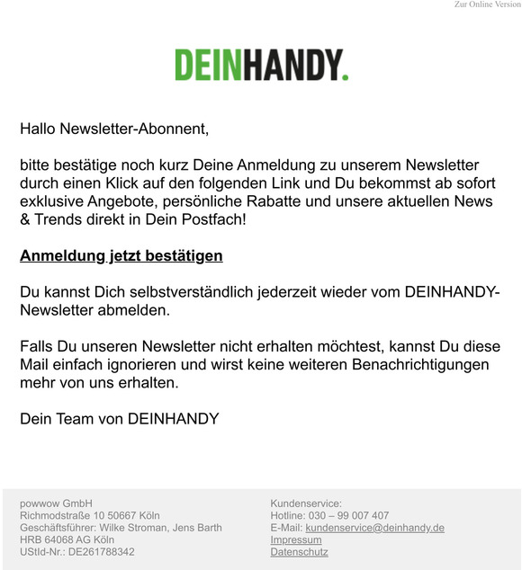 DEINHANDY: Bitte besttige Deine Newsletteranmeldung