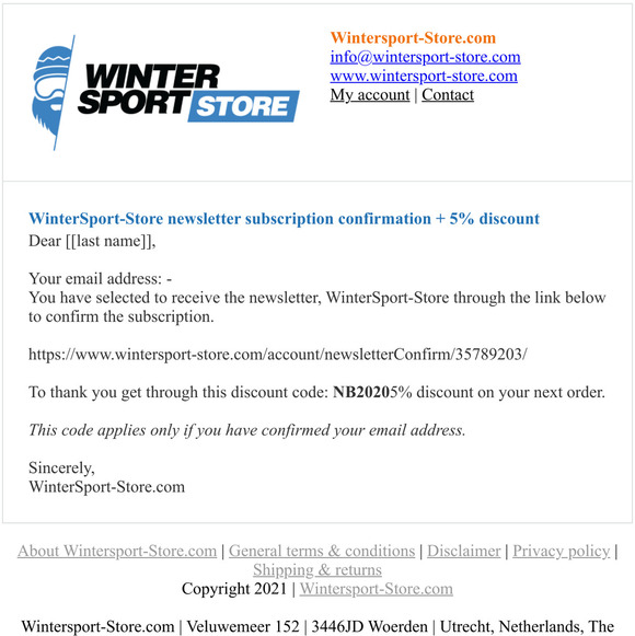 WinterSport-Store newsletter subscription confirmation + 5% discount