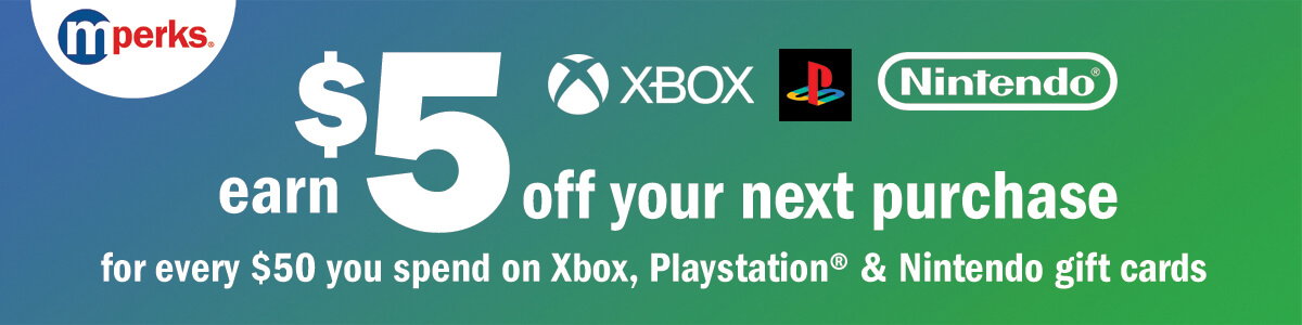 earn $5 off your next purchase for every $50 you spend on Xbox, PlayStation & Nintendo gift cards