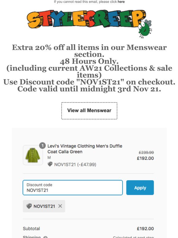 Extra 20% off Menswear Code - 48 Hour Flash Sale @Stylecreep