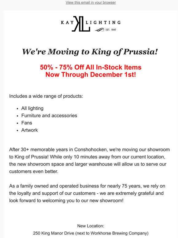 We're Moving! 50% - 75% off entire showroom