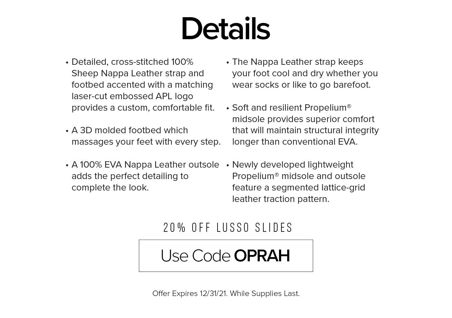 20% OFF LUSSO SLIDES   |   Use Code OPRAH
