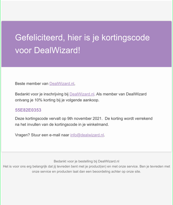 Gefeliciteerd, hier is je kortingscode voor DealWizard!