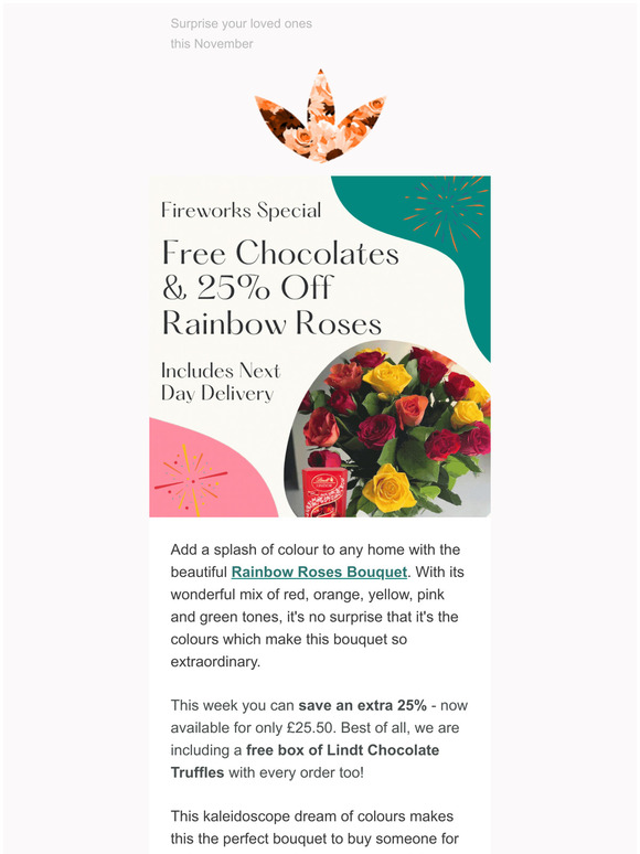 Fireworks Special: 25% Off Rainbow Roses with Free Chocolates