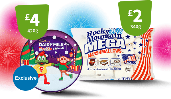 Cadbury Mini Bonfire logs £1 each, Giant Marshmellows £2 each