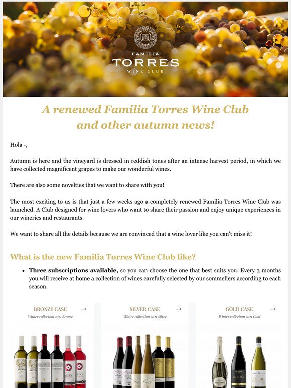 A renewed Familia Torres Wine Club and other autumn news