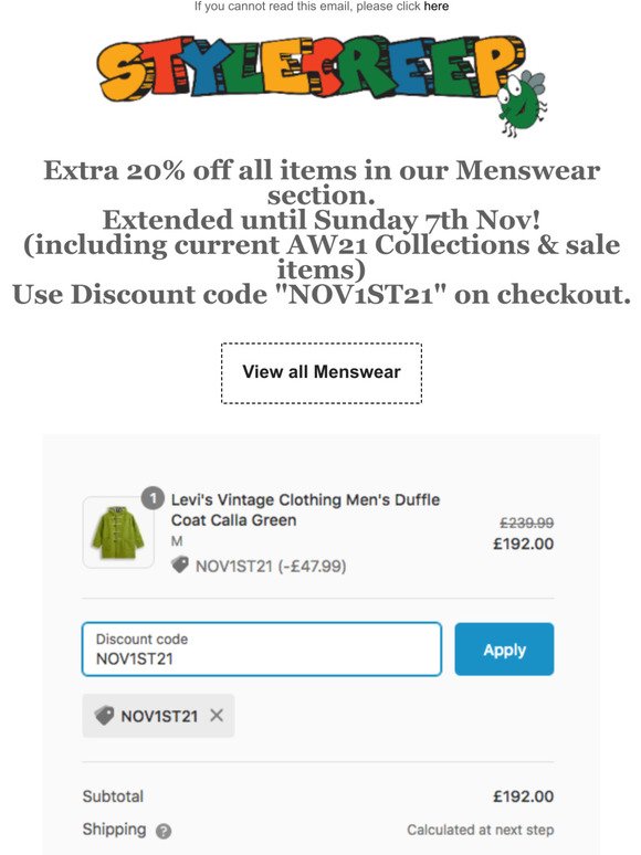 Extra 20% off Menswear Code - Until Sunday @Stylecreep
