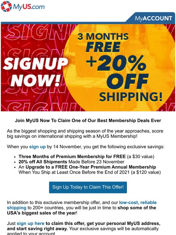3 Months FREE + 20% off Shipping: Join MyUS Today!