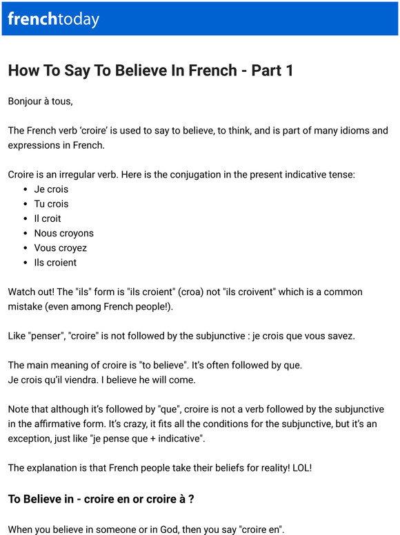 French Today: How To Say To Believe In French - Part 1 | Milled