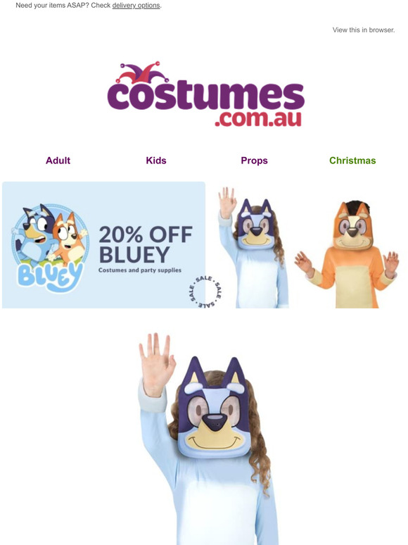 20 off Bluey costumes and party supplies! Milled