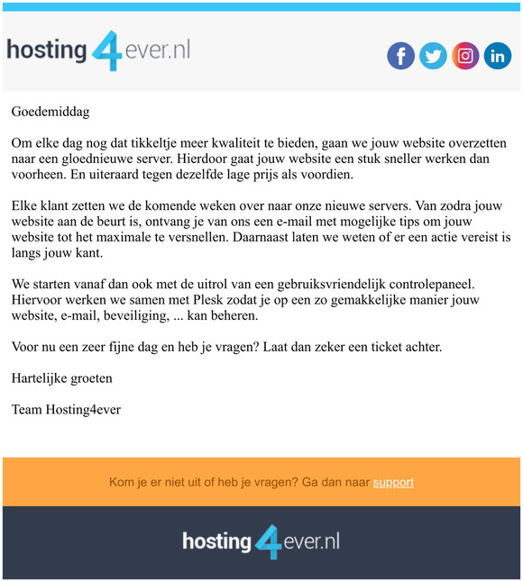 Goed nieuws! Je krijgt een upgrade naar onze gloednieuwe servers.