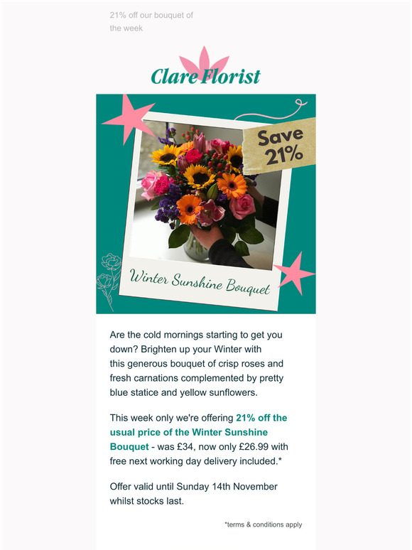 Brighten your Winter with 21% off Flowers