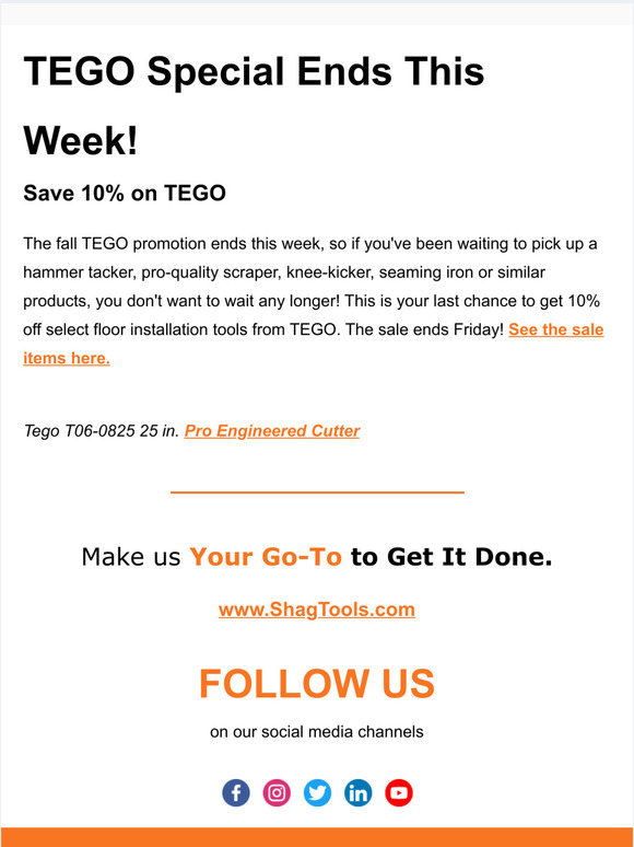 Hey, The TEGO Flooring Tool Promotion Ends Nov. 12th