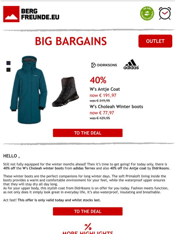 Bergfreunde.eu - Outdoor gear and clothing: Today only: 40% off adidas  Terrex winter shoes & Didriksons coat