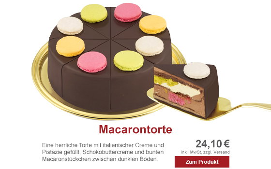 Eine herrliche Torte mit ital. Creme und Pistazien gefüllt, mit Macarons dekoriert für 24,10 €