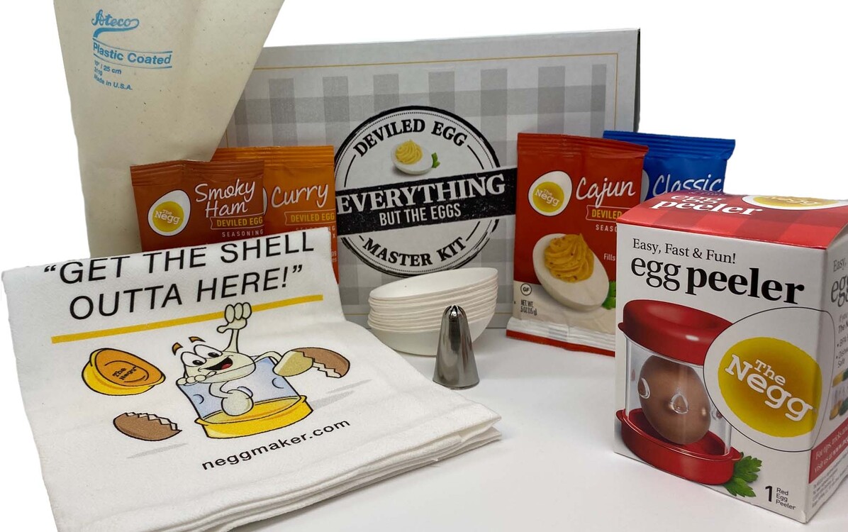 Deviled Egg Master Kit, Seasonings, Egg Peeler, Piping Bag , Tip, Disposable Spoons, Kitchen Towel and Gift Box